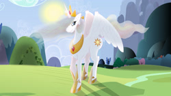 Size: 2550x1440 | Tagged: artist needed, safe, princess celestia, alicorn, pony, crown, detailed background, female, mare, multicolored mane, multicolored tail, smiling, solo, spread wings, white coat, white wings, wings