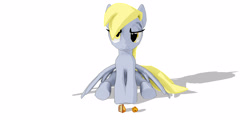 Size: 3250x1560 | Tagged: safe, artist:laughingvexxo, artist:pabbley, derpy hooves, pegasus, pony, 3d, 3d model, downloadable, female, food, frown, hips, mare, mmd, muffin, pose, simple background, sitting, solo, white background
