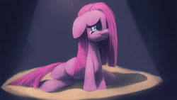 Size: 1600x900 | Tagged: safe, artist:raikoh, pinkie pie, earth pony, pony, crying, cute, cuteamena, diapinkes, floppy ears, fluffy, frown, pinkamena diane pie, sad, scene interpretation, solo, spotlight