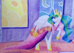 Size: 2543x1832 | Tagged: safe, artist:lortstreet54, princess celestia, alicorn, pony, make new friends but keep discord, clothes, dress, raised hoof, solo, spread wings, traditional art