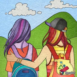 Size: 1024x1024 | Tagged: safe, editor:meagan62603, sci-twi, sunset shimmer, twilight sparkle, equestria girls, backpack, cap, female, hat, hiking, lesbian, mountain, recolor, scitwishimmer, shipping, sunsetsparkle