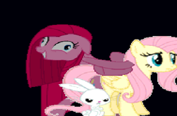 Size: 377x248 | Tagged: safe, angel bunny, fluttershy, pinkie pie, earth pony, insect, pegasus, pony, fighting is magic, game, glitch, hug, needs more jpeg, pinkamena diane pie, smiling, wat