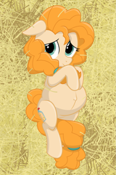 Size: 853x1280 | Tagged: safe, artist:xniclord789x, pear butter, earth pony, pony, belly, big belly, cute, female, floppy ears, hay, looking at you, mare, outie belly button, pregnant, smiling