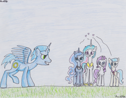 Size: 1024x799 | Tagged: safe, artist:cloudsabovedawn, coco pommel, princess celestia, princess luna, rarity, alicorn, pony, unicorn, crossover, crossover shipping, female, heart, male, ponified, rarisonic, request, shipping, sonic gets all the mares, sonic the hedgehog, sonic the hedgehog (series), soniclestia, sonicluna, sonicpommel, straight, traditional art