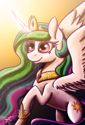 Size: 1309x1920 | Tagged: safe, artist:midnightsix3, princess celestia, alicorn, pony, magic, smiling, solo, spread wings