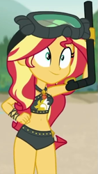 Size: 339x600 | Tagged: safe, screencap, sunset shimmer, better together, equestria girls, unsolved selfie mysteries, belly button, clothes, cropped, geode of empathy, snorkel, swimsuit