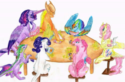 Size: 6984x4584 | Tagged: safe, artist:dawn22eagle, derpibooru import, angel bunny, applejack, fluttershy, pinkie pie, rainbow dash, rarity, twilight sparkle, twilight sparkle (alicorn), alicorn, earth pony, pegasus, pony, unicorn, absurd resolution, female, mane six, mare, playing card, poker, tail feathers