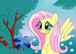 Size: 3200x2301 | Tagged: safe, artist:antoyuju, fluttershy, bird, pegasus, pony, blushing, flying, solo