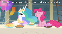 Size: 960x540 | Tagged: safe, screencap, pinkie pie, princess celestia, alicorn, earth pony, pony, a bird in the hoof, image macro, meme, misspelling, vulgar