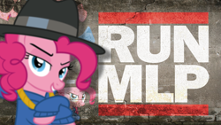 Size: 1920x1080 | Tagged: safe, artist:x3demonomega, pinkie pie, earth pony, pony, blurry, logo, pun, rapper pie, run dmc, vector, wallpaper