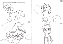 Size: 2330x1657 | Tagged: safe, artist:merkleythedrunken, derpy hooves, diamond tiara, dinky hooves, pinkie pie, earth pony, pony, clothes, cosplay, costume, flying, monochrome, pebbles, screaming, the flintstones, traditional art