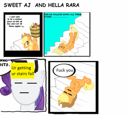 Size: 788x711 | Tagged: safe, edit, applejack, rarity, earth pony, pony, unicorn, exploitable meme, it keeps happening, meme, stairs, sweet bro and hella jeff, ur getting meme, vulgar