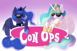 Size: 1500x1000 | Tagged: safe, artist:pusspuss, princess celestia, princess luna, alicorn, pony, lip bite, sunglasses