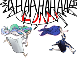 Size: 1600x1200 | Tagged: safe, artist:thelivingmachine02, princess celestia, princess luna, human, barefoot, celestia is not amused, chase, clothes, crying, dialogue, dress, eyes closed, face doodle, feet, hair curlers, high heels, humanized, laughing, nail polish, nightgown, open mouth, princess luna is amused, running, simple background, skinny, smiling, tears of laughter, this will end in tears and/or a journey to the moon, throwing, trolluna, varying degrees of amusement, white background, yelling