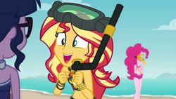 Size: 1280x720 | Tagged: safe, screencap, pinkie pie, sci-twi, sunset shimmer, twilight sparkle, better together, equestria girls, unsolved selfie mysteries, belly button, clothes, cute, shimmerbetes, swimsuit, when she doesn't smile