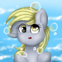 Size: 600x600 | Tagged: safe, artist:c-h-y-a, derpy hooves, pony, :o, bubble, cute, derpabetes, open mouth, solo