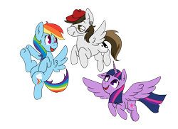 Size: 2730x1987 | Tagged: safe, artist:doodle noodle, derpibooru import, rainbow dash, twilight sparkle, twilight sparkle (alicorn), oc, oc:wayward pony, alicorn, pegasus, pony, bronycon, bronycon 2018, coping with limitations through ponies, flying, hat, simple background, smiling, transparent background