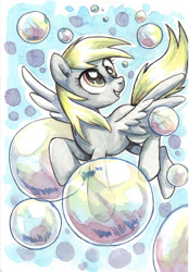 Size: 625x900 | Tagged: safe, artist:yulyeen, derpy hooves, pegasus, pony, bubble, female, flying, looking up, mare, smiling, solo, spread wings, traditional art, wings