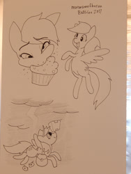 Size: 675x900 | Tagged: safe, artist:moronsonofboron, derpy hooves, pegasus, pony, flying, food, happy, letter, lightning, mailbag, muffin, smiling, solo, traditional art