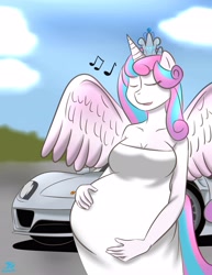 Size: 3160x4096 | Tagged: safe, artist:saharat ounaim, princess flurry heart, alicorn, anthro, adult, belly, big belly, calm, car, clothes, cute, dress, eyes closed, flurrybetes, humming, mama flurry, multiple pregnancy, music notes, older, older flurry heart, porsche, porsche 918, pregnant, pretty, relaxed, signature, vehicle