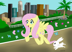 Size: 2332x1697 | Tagged: safe, artist:kathythegoth, angel bunny, fluttershy, butterfly, pegasus, pony, city, cityscape