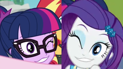 Size: 3416x1920 | Tagged: safe, edit, edited screencap, screencap, rarity, sci-twi, sunset shimmer, twilight sparkle, better together, equestria girls, forgotten friendship, unsolved selfie mysteries, comparison, cute, duo, raribetes, selfie, smiling, twiabetes