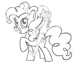 Size: 690x569 | Tagged: safe, pinkie pie, human, monochrome, riding, zone-tan