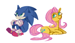 Size: 1000x580 | Tagged: safe, artist:tomoe-chi, fluttershy, pegasus, pony, crossover, prone, sitting, smiling, sonic the hedgehog, sonic the hedgehog (series)