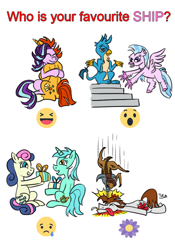 Size: 630x900 | Tagged: safe, artist:thedriveintheatre, bon bon, gallus, lyra heartstrings, silverstream, starlight glimmer, sunburst, sweetie drops, oc, classical hippogriff, griffon, hippogriff, pony, emoji, female, gallstream, hug, lesbian, loss (meme), lyrabon, male, present, shipping, starburst, straight