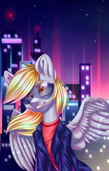 Size: 1915x3000 | Tagged: safe, artist:helemaranth, derpy hooves, pegasus, pony, city, clothes, derpfest, female, futuristic, jacket, mare, rcf community, shirt, smiling, solo, sunglasses