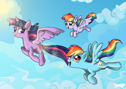 Size: 1752x1239 | Tagged: safe, artist:lostinthetrees, derpibooru import, rainbow dash, twilight sparkle, twilight sparkle (alicorn), oc, oc:feather wind, alicorn, pegasus, pony, female, flying, lesbian, magical lesbian spawn, mare, offspring, parent:rainbow dash, parent:twilight sparkle, parents:twidash, shipping, twidash