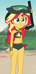 Size: 334x687 | Tagged: safe, screencap, sunset shimmer, better together, equestria girls, unsolved selfie mysteries, belly button, bikini, clothes, cropped, diving goggles, midriff, snorkel, solo, summer sunset, swimsuit