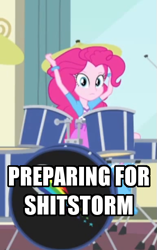 Size: 385x613 | Tagged: safe, screencap, pinkie pie, equestria girls, rainbow rocks, cute, cymbals, drums, frown, hiding, image macro, impact font, looking at you, meme, reaction image, shitstorm, solo, vulgar, wide eyes