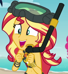 Size: 660x718 | Tagged: safe, screencap, sunset shimmer, better together, equestria girls, unsolved selfie mysteries, belly button, clothes, cropped, cute, goggles, shimmerbetes, snorkel, swimsuit