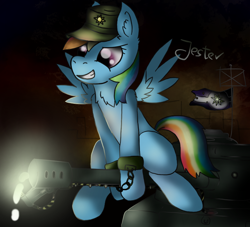 Size: 1080x980 | Tagged: safe, artist:jesterpi, derpibooru import, rainbow dash, pegasus, pony, army, chains, dark, fire, flag, hat, low light, night, smiling, smirk, tank (vehicle)