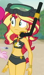 Size: 342x587 | Tagged: safe, screencap, sunset shimmer, better together, equestria girls, unsolved selfie mysteries, belly button, clothes, cropped, goggles, snorkel, swimsuit