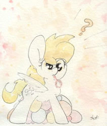 Size: 692x817 | Tagged: safe, artist:slightlyshade, derpy hooves, pony, bubble, bubble blower, confused, question mark, solo, traditional art