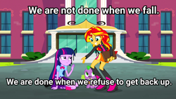 Size: 3416x1920 | Tagged: safe, edit, edited screencap, screencap, spike, sunset shimmer, twilight sparkle, twilight sparkle (alicorn), alicorn, dog, equestria girls, rainbow rocks, book, dialogue, door, doors, gritted teeth, helping, journey book, looking at each other, looking down, looking up, smiling, spike the dog, stairs