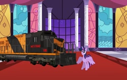 Size: 1024x646 | Tagged: safe, artist:jennafan1234, derpibooru import, twilight sparkle, twilight sparkle (alicorn), alicorn, pony, cargo ship, female, gala, male, mare, shipping, straight, that's our sid, train