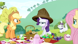 Size: 720x405 | Tagged: safe, edit, edited screencap, screencap, applejack, fluttershy, opalescence, rarity, earth pony, pegasus, pony, unicorn, maud pie (episode), giant hat, hat, hub logo, pharrell williams, pharrell's hat