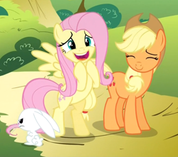 Size: 870x770 | Tagged: safe, screencap, angel bunny, applejack, fluttershy, earth pony, pegasus, pony, maud pie (episode), excited, happy, smiling