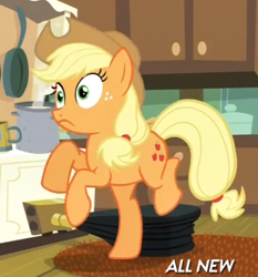 Size: 560x600 | Tagged: safe, screencap, applejack, earth pony, pony, maud pie (episode), bellows, solo, stove, trip, tripping