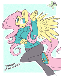 Size: 1200x1500 | Tagged: safe, artist:php41, derpibooru exclusive, fluttershy, anthro, butterfly, challenge, clothes, solo, sweater, sweatershy