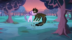 Size: 1182x665 | Tagged: safe, artist:mysweetstomach, starlight glimmer, oc, oc:draco k-night blaze, dracony, hybrid, kirin, pony, canon x oc, female, heart eyes, hearts and hooves day, kissing, love, male, starlaco, straight, surprise kiss, wingding eyes