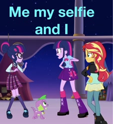 Size: 1044x1148 | Tagged: safe, artist:php77, editor:php77, sci-twi, spike, spike the regular dog, sunset shimmer, twilight sparkle, twilight sparkle (alicorn), alicorn, dog, better together, equestria girls, foreshadowing, me my selfie and i