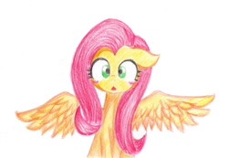 Size: 1024x708 | Tagged: safe, artist:unousaya, fluttershy, pegasus, pony, blushing, female, floppy ears, looking at you, mare, open mouth, simple background, solo, spread wings, traditional art, white background