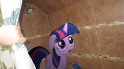 Size: 1600x899 | Tagged: safe, artist:metalgriffen69, derpibooru import, twilight sparkle, human, brony, crying, curtain, floppy ears, frown, irl, irl human, open mouth, photo, ponies in real life, sad, shower, why, wide eyes