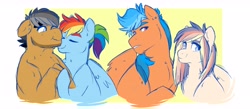 Size: 4600x2000 | Tagged: safe, artist:canisrettmajoris, derpibooru import, quibble pants, rainbow dash, oc, oc:brisk, oc:quick-witt, earth pony, pegasus, pony, abstract background, digital art, ear piercing, earring, eyes closed, facial hair, family, female, floppy ears, jewelry, looking at you, male, mare, next generation, nuzzling, offspring, parent:quibble pants, parent:rainbow dash, parents:quibbledash, piercing, quartet, quibbledash, scrunchy face, shipping, smiling, stallion, straight