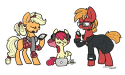 Size: 1280x768 | Tagged: safe, artist:otterlore, apple bloom, applejack, big macintosh, earth pony, pony, apple siblings, glasses, headphones, headset, hipster, ipad, iphone, ipod, macbook, male, stallion