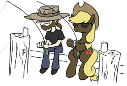 Size: 603x413 | Tagged: safe, artist:wryte, applejack, human, blackjack and hookers, clothes, fishing rod, hat, pun, self insert, sunglasses, visual pun